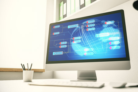 Computer monitor with abstract creative programming illustration and world map, big data and blockchain concept. 3D Renderingの写真素材