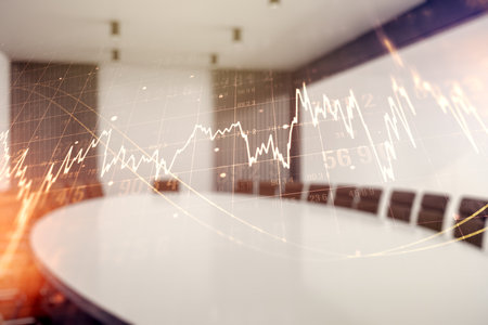 Multi exposure of virtual abstract financial diagram on a modern furnished office interior background, banking and accounting conceptの写真素材