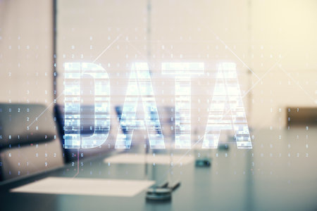 Data word hologram on a modern boardroom background, big data and blockchain concept. Multiexposureの写真素材