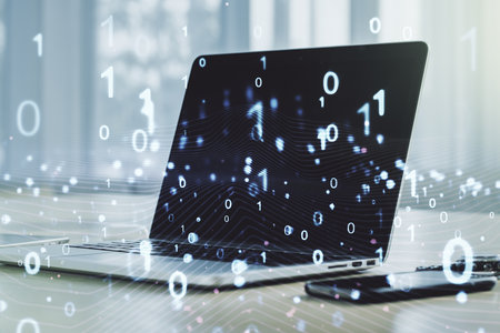 Creative concept of binary code illustration on modern laptop background. Big data and coding concept. Multiexposureの写真素材