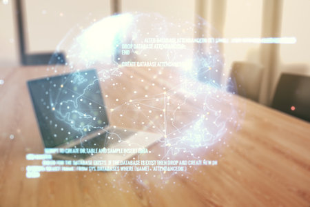Double exposure of abstract creative programming illustration with world map on computer background, big data and blockchain conceptの写真素材
