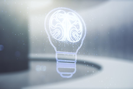 Abstract virtual creative light bulb with human brain hologram on empty classroom background, artificial Intelligence and neural networks concept. Multiexposureの写真素材