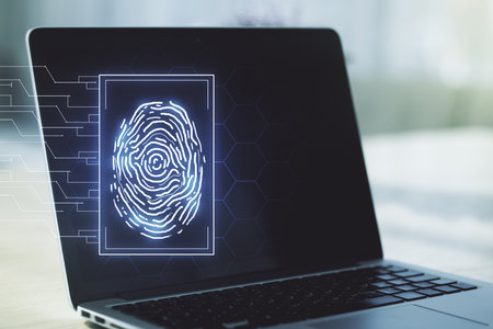 Abstract creative fingerprint concept on modern laptop background. Multiexposureの写真素材