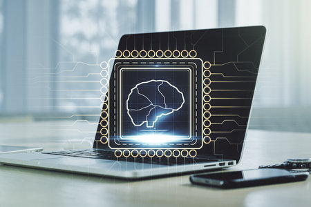 Creative artificial Intelligence concept with human brain hologram on modern laptop background. Multiexposureの写真素材
