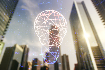 Virtual Idea concept with light bulb illustration on office buildings background. Multiexposureの写真素材
