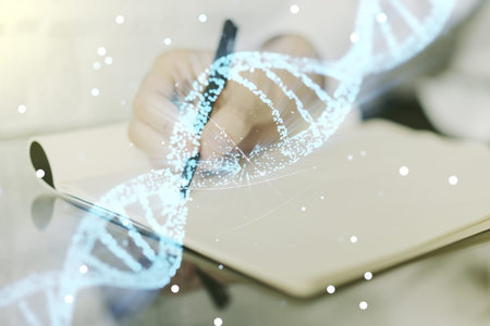 Creative light DNA illustration and man hand writing in diary on background, science and biology...