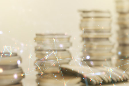 Double exposure of abstract virtual technology hologram on growing stacks of coins background. Research and development software conceptの写真素材