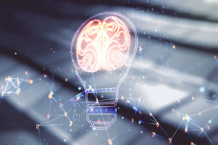 Abstract virtual idea concept with light bulb and human brain illustration on blurry abstract metal...