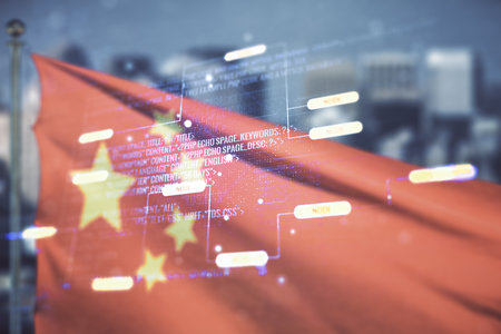 Abstract virtual coding illustration on Chinese flag and skyline background, software development concept. Multiexposureの写真素材