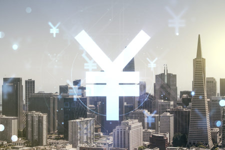 Double exposure of abstract virtual Japanese Yen symbol hologram on San Francisco city skyscrapers...