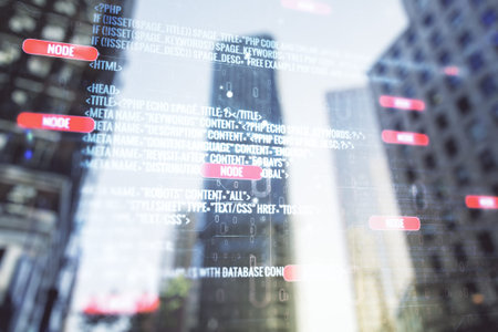 Abstract virtual coding illustration on modern architecture background, software development...