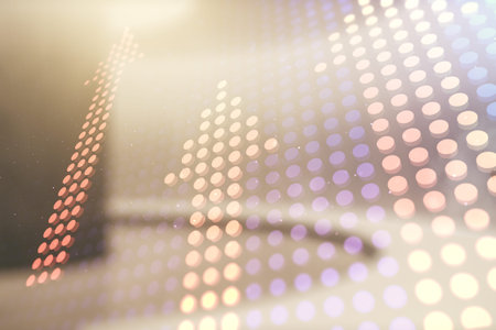 Double exposure of abstract virtual upward arrows hologram on empty modern office background....