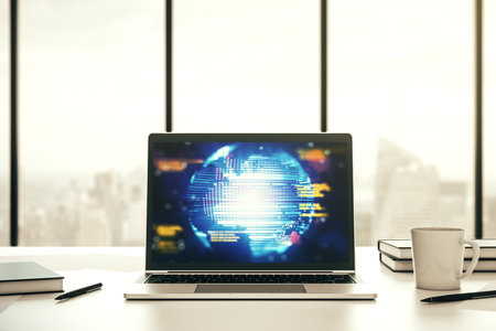 Abstract creative coding concept with world map on modern laptop screen. 3D Renderingの写真素材