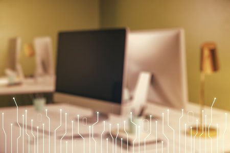 Double exposure of circuit hologram on laptop background. Research and development hardware conceptの写真素材