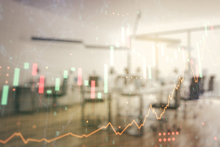 Multi exposure of virtual abstract financial graph hologram and world map on a modern furnished classroom background, financial and trading conceptの写真素材