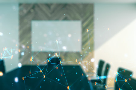 Abstract virtual wireless technology hologram on a modern coworking room background, artificial intelligence and machine learning concept. Multi exposureの写真素材