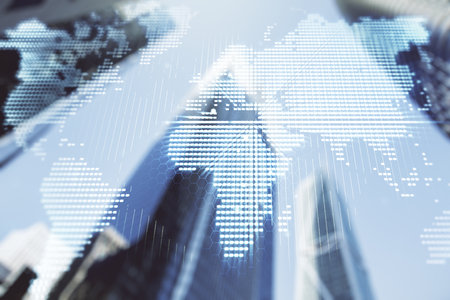Double exposure of abstract digital world map hologram on blurry cityscape background, big data and blockchain conceptの写真素材