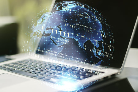 Multi exposure of abstract graphic coding sketch with world map on modern computer background, big...