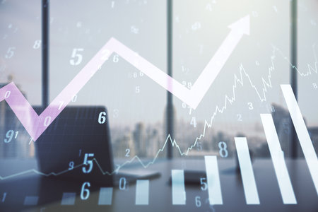 Abstract creative financial graph with upward arrow and modern desktop with computer on background, forex and investment concept. Multiexposureの写真素材
