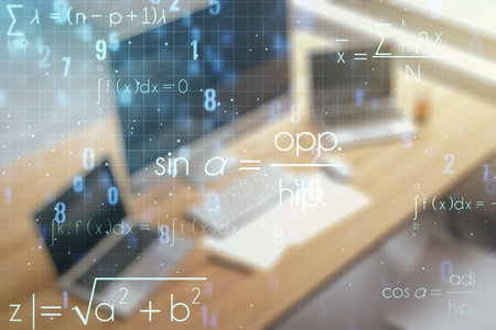 Creative scientific formula concept and modern desktop with computer on background. Multiexposureの写真素材