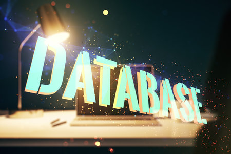 Double exposure of Database word sign on laptop background, global research and analytics conceptの写真素材