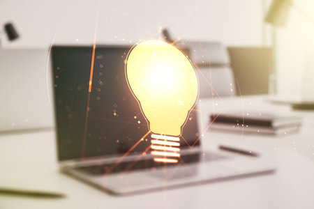 Creative light bulb illustration on modern computer background, future technology concept. Multiexposureの写真素材