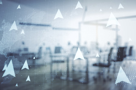 Double exposure of abstract virtual world map with pins hologram on modern corporate office background. Geolocation tracking and transportation conceptの写真素材