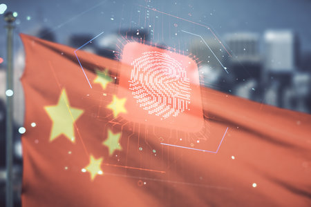 Double exposure of virtual creative fingerprint hologram on Chinese flag and city background, protection of personal information conceptの写真素材