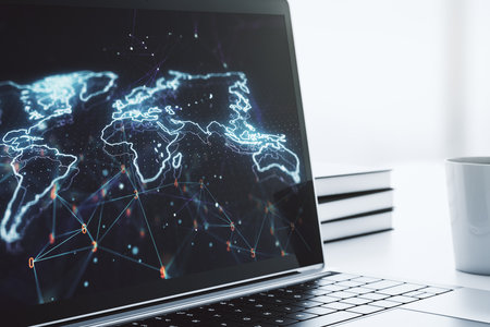 Abstract digital world map on modern computer monitor, big data and blockchain concept. 3D Renderingの写真素材