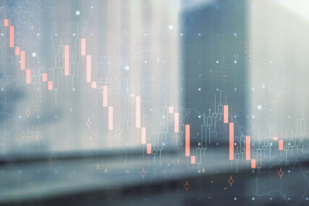 Abstract virtual crisis chart illustration on blurry modern office building background. Global...