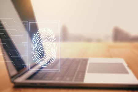 Multi exposure of abstract graphic fingerprint sketch on modern computer background, fingerprint scan data conceptの写真素材