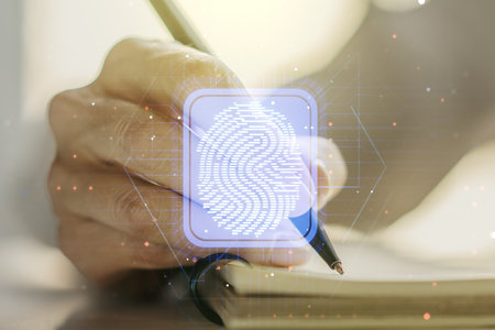 Abstract creative fingerprint illustration with woman hand writing in diary on background, personal biometric data concept. Multiexposureの写真素材