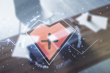 Creative abstract heart pulse hologram and modern desktop with pc on background, online medical consulting concept. Multiexposureの写真素材