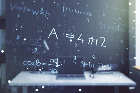 Creative scientific formula illustration and modern desktop with pc on background, science and...