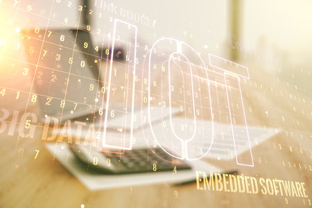 Creative IOT illustration on blurry calculator and computer background, future technology concept. Multiexposureの写真素材