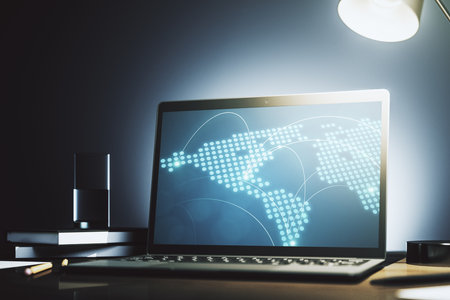 Abstract creative world map with connections on modern laptop screen, international trading concept. 3D Renderingの写真素材
