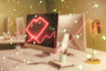 Double exposure of creative abstract heart rate hologram on laptop background. Healthcare technolody conceptの写真素材