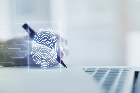 Abstract creative fingerprint illustration with hand writing in diary on background with laptop, personal biometric data concept. Multiexposureの写真素材