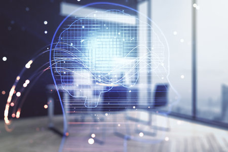 Double exposure of creative artificial Intelligence symbol and modern desktop with laptop on background. Neural networks and machine learning conceptの写真素材