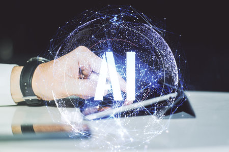 Creative artificial Intelligence symbol concept with finger presses on a digital tablet on background. Double exposureの写真素材