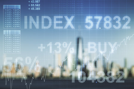 Multi exposure of virtual abstract financial graph interface on blurry skyscrapers background, financial and trading conceptの写真素材