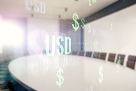 Virtual USD symbols illustration on a modern conference room background. Trading and currency concept. Multiexposureの写真素材