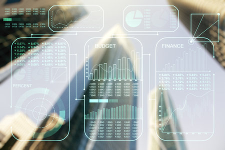 Multi exposure of abstract statistics data hologram interface on blurry cityscape background, computing and analytics conceptの写真素材