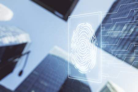 Double exposure of virtual creative fingerprint hologram on modern skyscrapers background, research and development conceptの写真素材