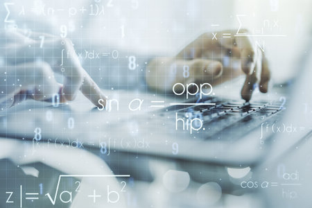 Creative scientific formula hologram with hands typing on computer keyboard on background, research...