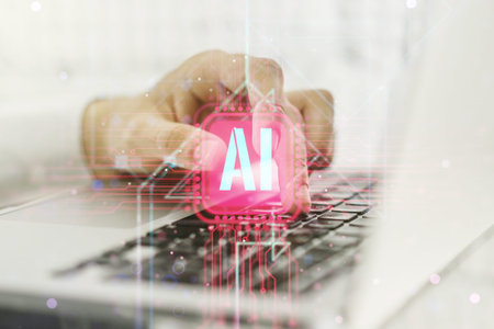 Creative artificial Intelligence symbol concept with hands typing on computer keyboard on...