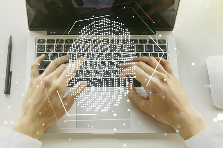 Multi exposure of abstract graphic fingerprint sketch with hands typing on computer keyboard on background, fingerprint scan data conceptの写真素材