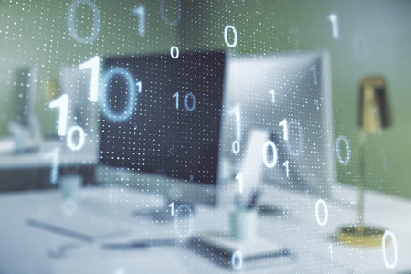 Double exposure of creative abstract binary code hologram on laptop background. Database and...