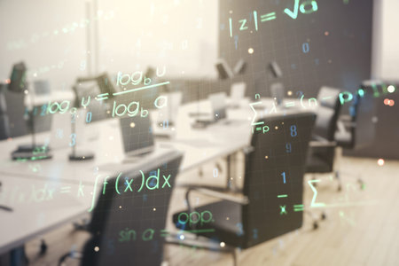 Double exposure of scientific formula hologram on modern corporate office background, research and...