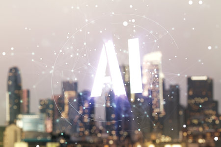 Abstract virtual artificial Intelligence symbol hologram on blurry skyline background. Multiexposureの写真素材